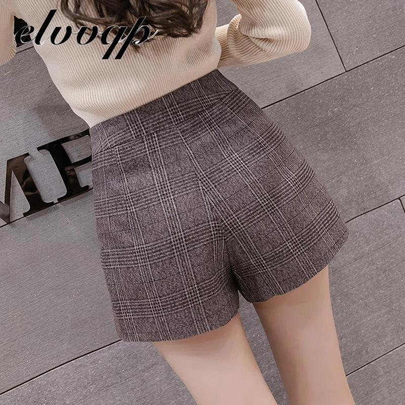 High Quality New Autumn Pocket Woolen Blend Winter Shorts Women Fashion Button Plaid Office Work Skirt Retro Women Mini Skirts