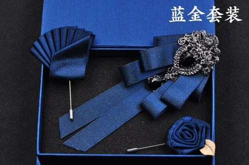 High-quality Fashion Handmade Red Diamond Bow Tie Wedding Collar Bowtie Brooch Pocket Towel Square Set Gifts for Men Accessories