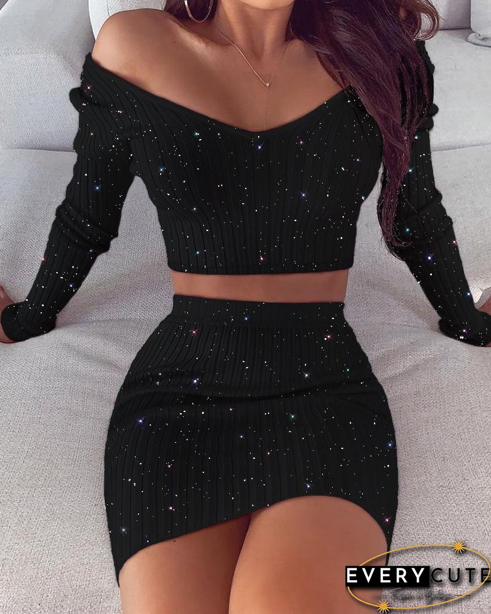 Glitter Off Shoulder Crop Top & Skirt Sets
