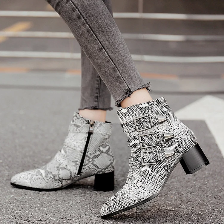 Grey Snakeskin Print Zipper Ankle Booties with Pointed Block Heels Vdcoo