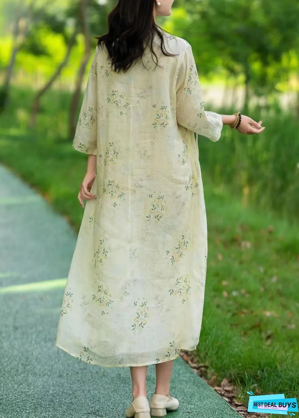 Vintage Beige Stand Collar Print Patchwork Linen Long Dresses Summer