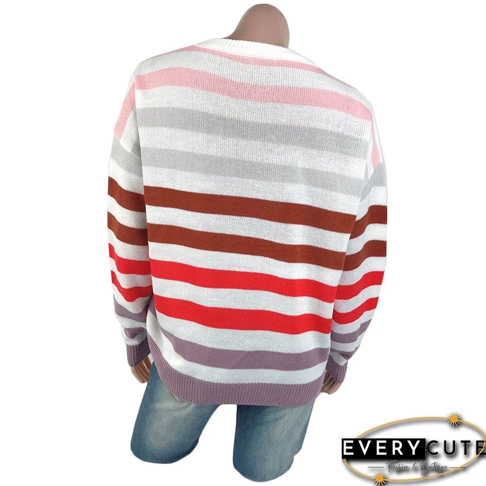 Pink Multicolor Striped Pullover Sweater