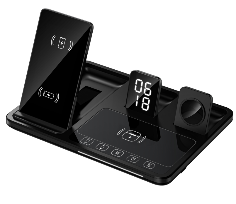 4-in-1 Digital Multifunctional Alarm Clock Stand with Wireless Charger and Lamp for Mobile Phone Use