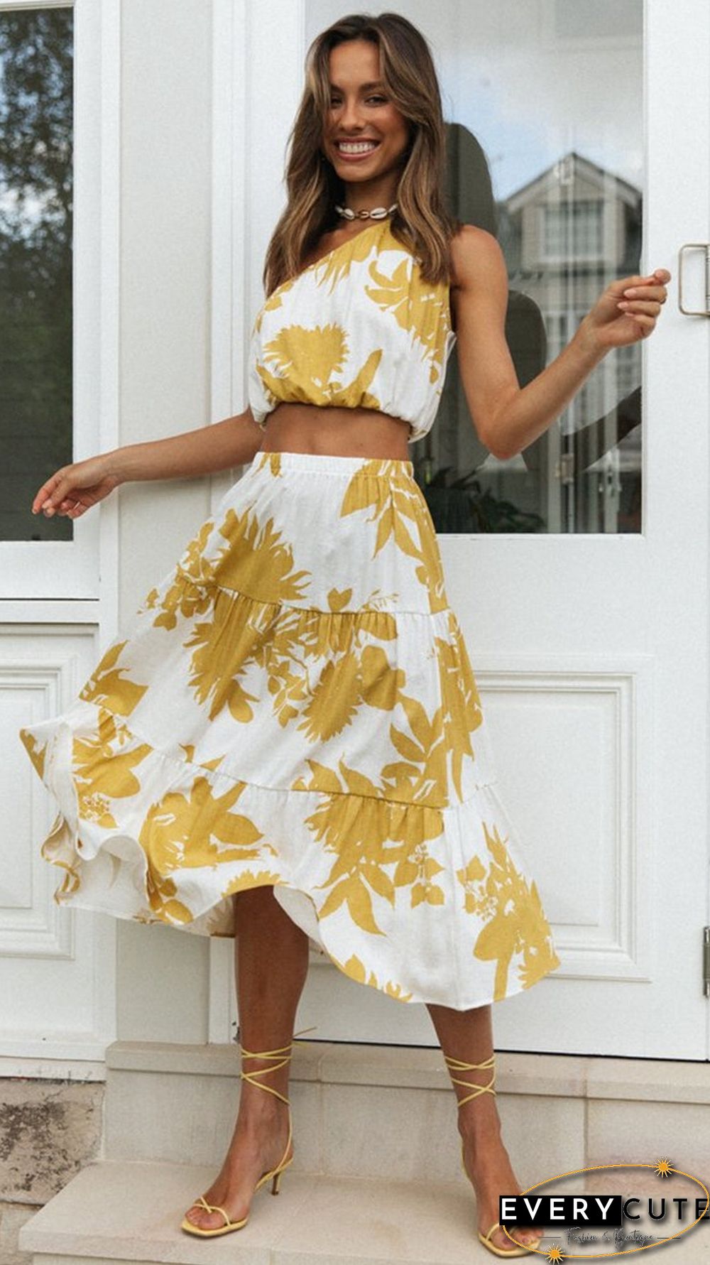 Yellow Floral Top and Skirt Matching Sets