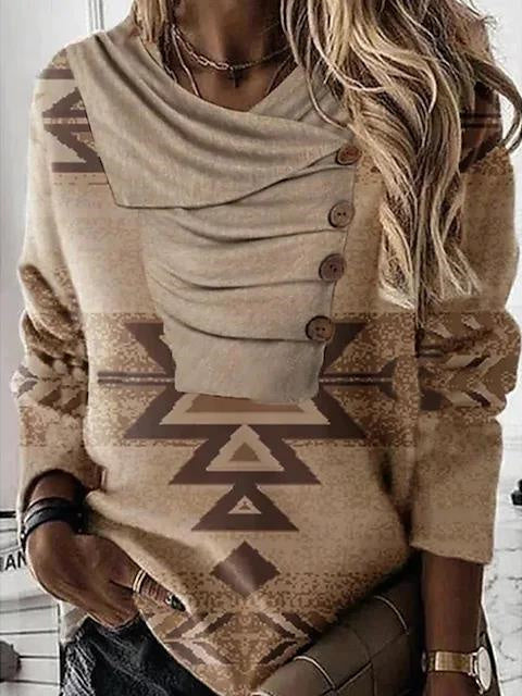 Women Long Sleeve V-neck Graphic Floral Printed Top