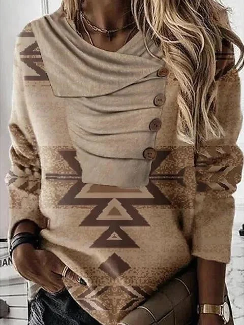 Women Long Sleeve Scoop Neck Stitching Printed Women Tops