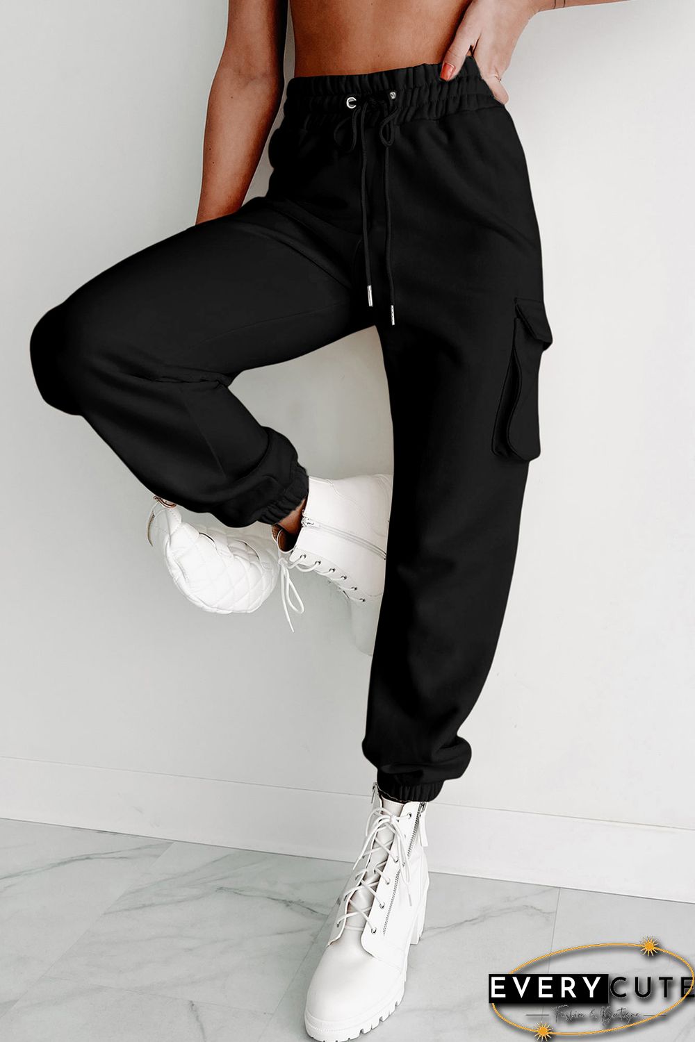Black Drawstring Jogger Pants with Cargo Pockets