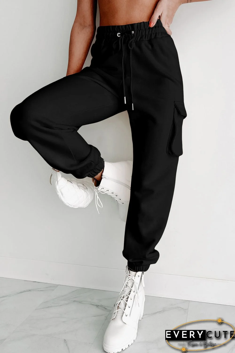 Black Drawstring Jogger Pants with Cargo Pockets