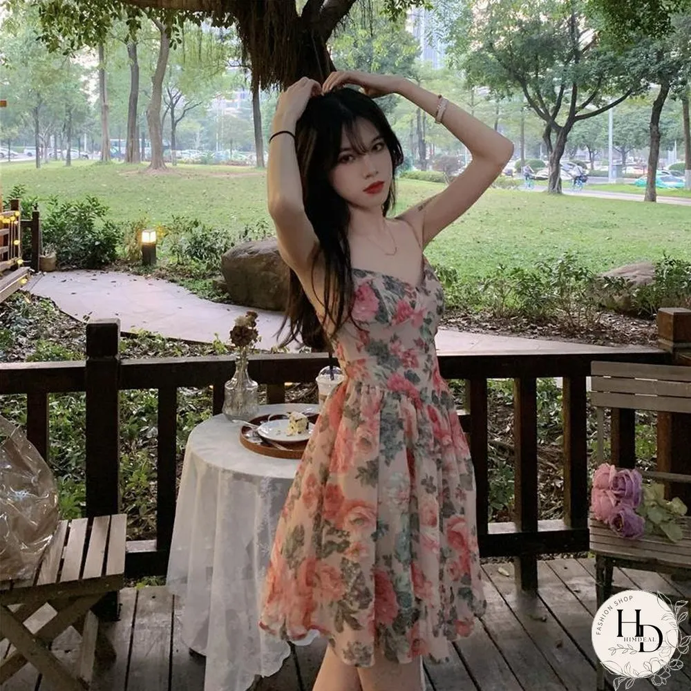Sleeveless Dress Women Design Floral Sexy Empire A-Line Elegant French Style Summer