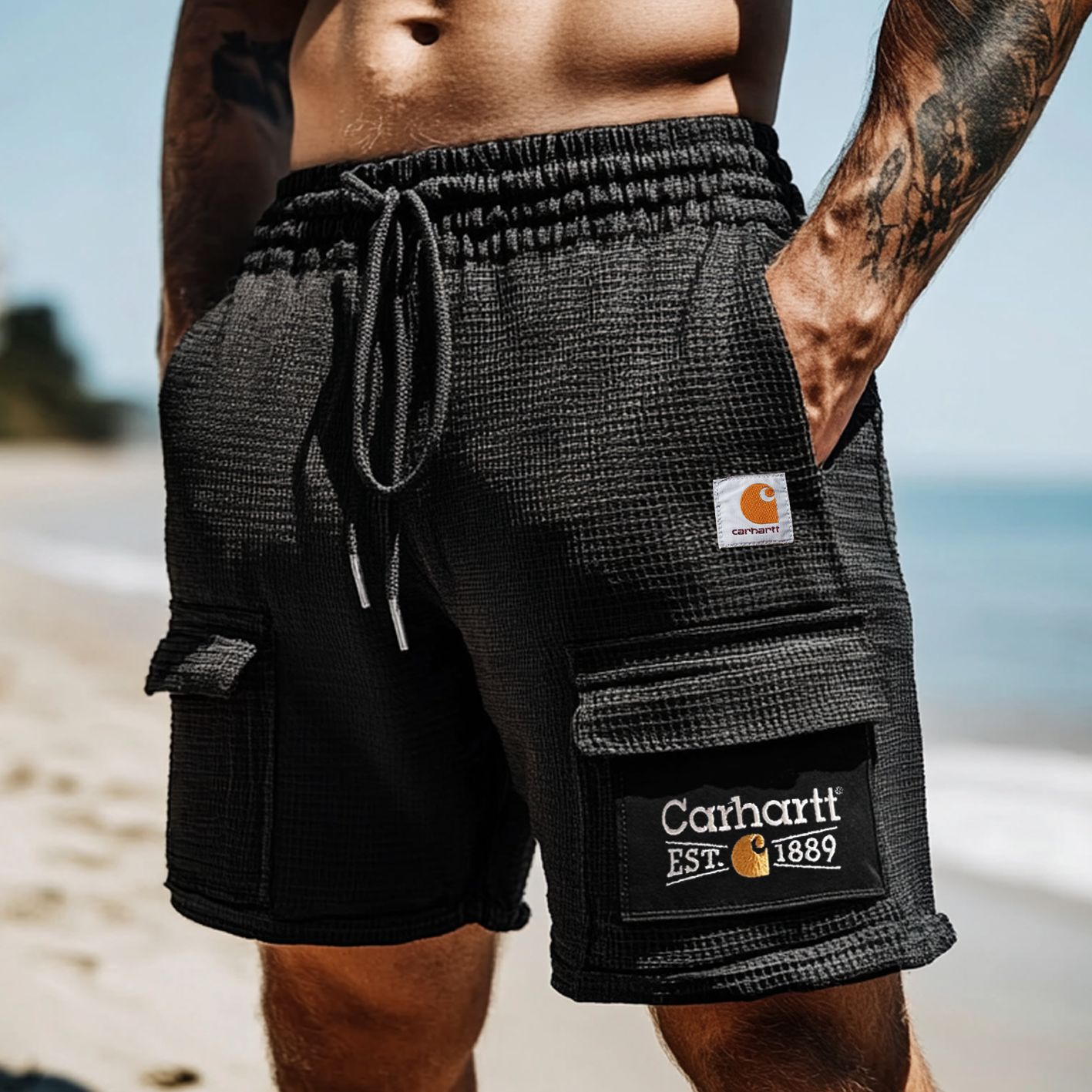 Men's Vintage Waffle Knit Multi-Pocket Casual Walkshort Workwear Elastic Cargo Shorts