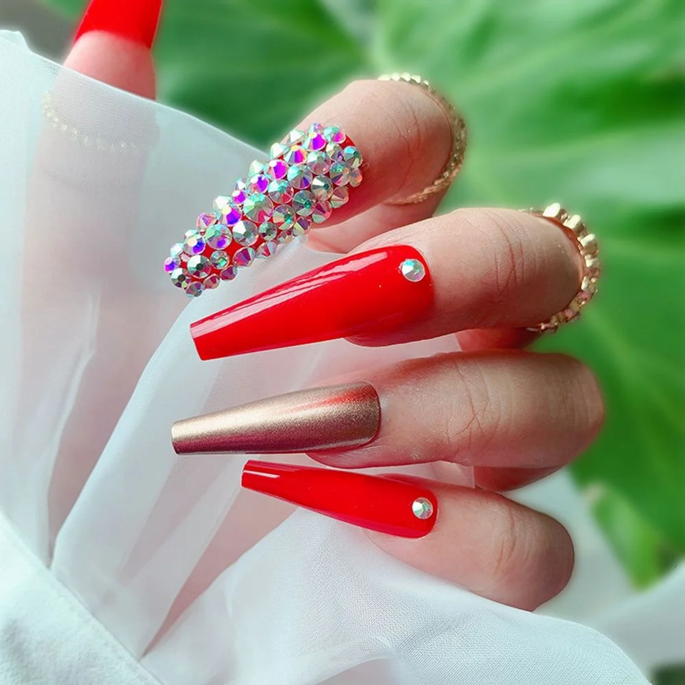 24Pcs/Box Rhinestone Long Coffin False Nails Artificial Ballerina Wearable Stiletto Fake Nails Full Cover Nail Tips With Glue