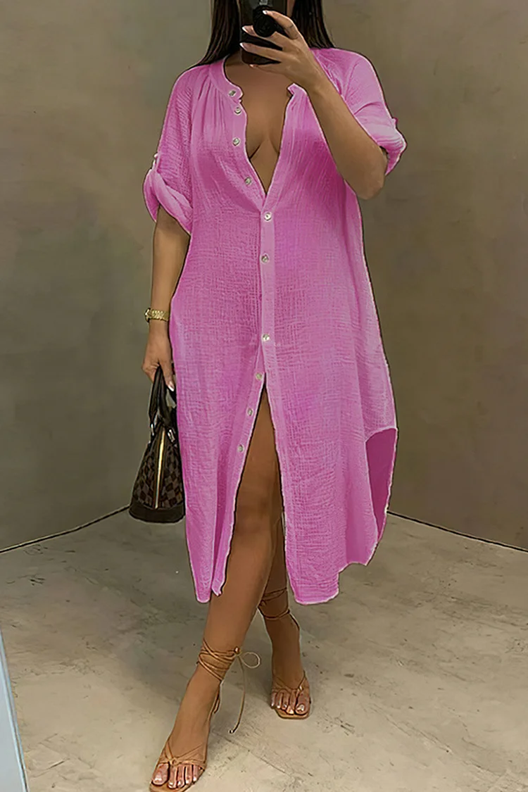 Rose Red Fashion Casual Solid Patchwork Turndown Collar Shirt Dress
