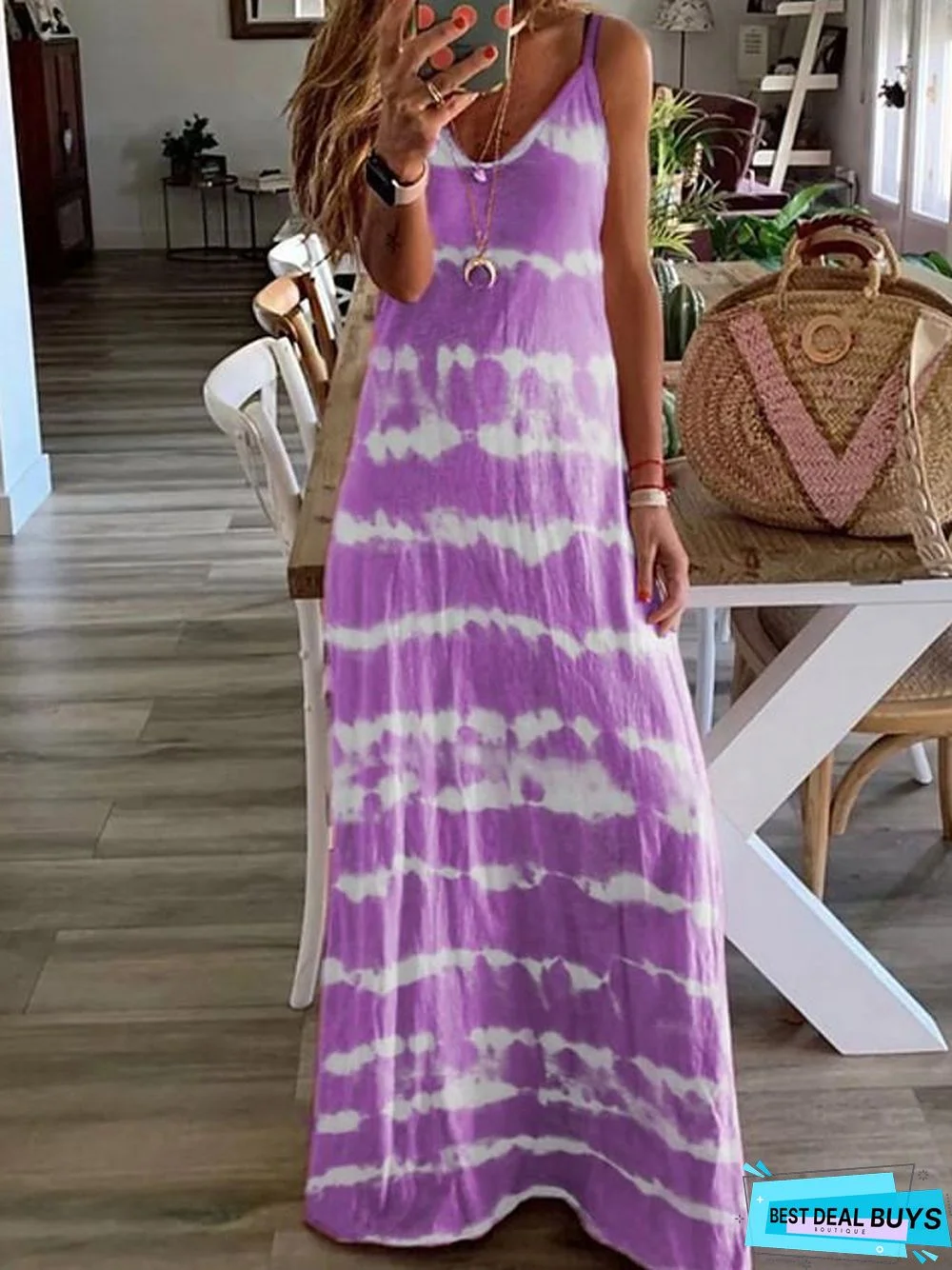 Women's Strap Dress Maxi Long Dress - Sleeveless Tie Dye Summer Hot Casual Beach Blue Purple Blushing Pink Wine Khaki Gray Light Blue