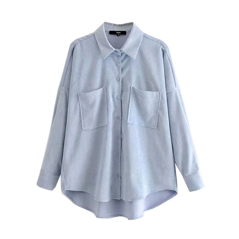 TRAF Women Fashion Pockets Oversized Button-up Corduroy Shirts Vintage Long Sleeve Asymmetric Loose Female Blouses Chic Tops