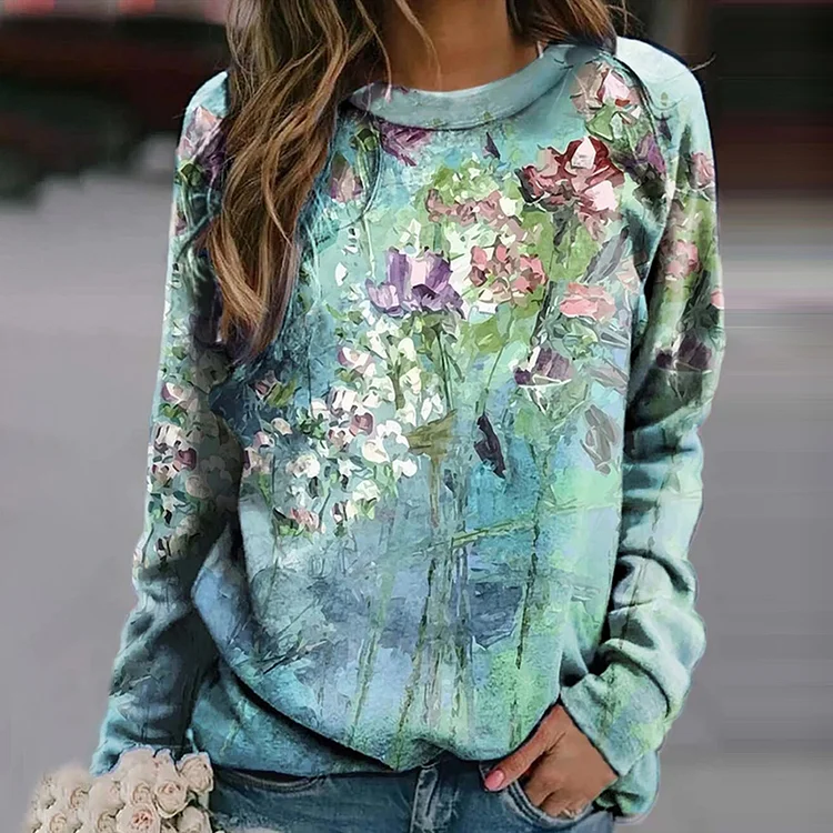 Wearshes Casual Floral Art Painting Printed Crew Neck Sweatshirt