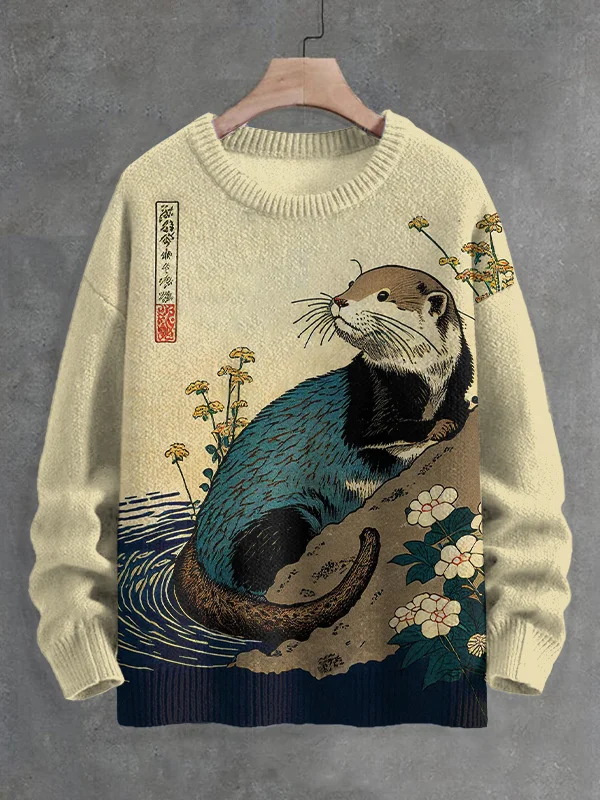 Men's Floral Otter Water Japanese Art Print Knit Sweatshirt
