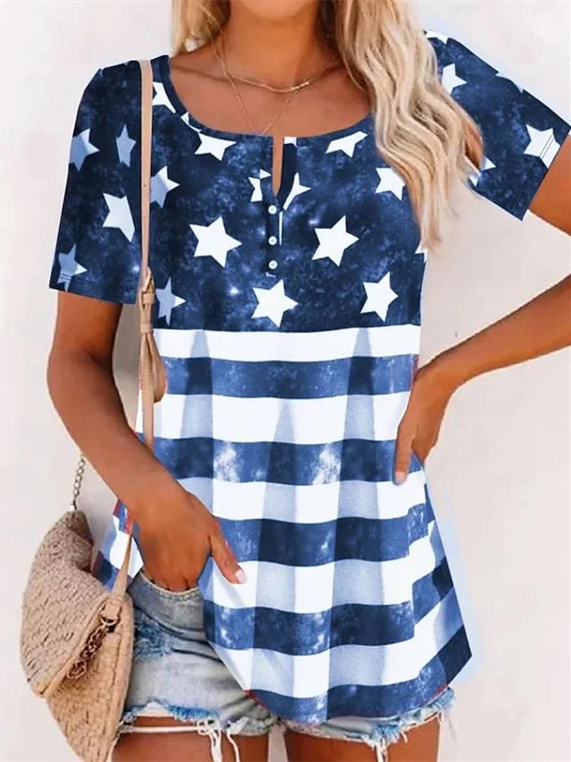 Women Short Sleeve U-neck Striped Printed Button Top