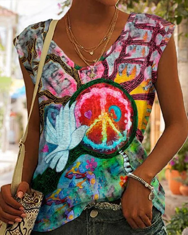 🔥kukelife🔥Hippie Art Peace Print V-Neck Tank Top