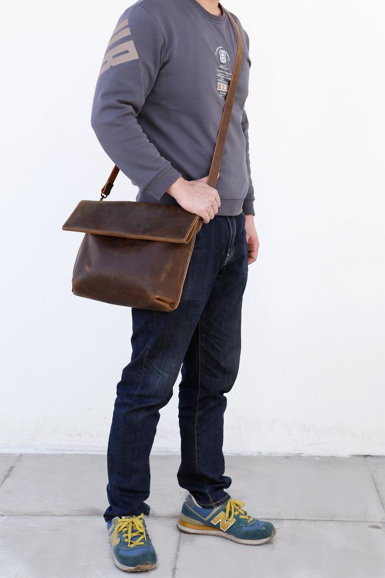 Vintage brown leather bag for men , rustic leather mens designer crossbody bags , mens leather messenger bag