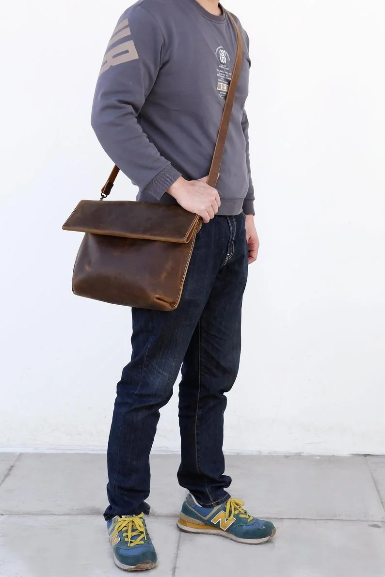 Vintage brown leather bag for men , rustic leather mens designer crossbody bags , mens leather messenger bag