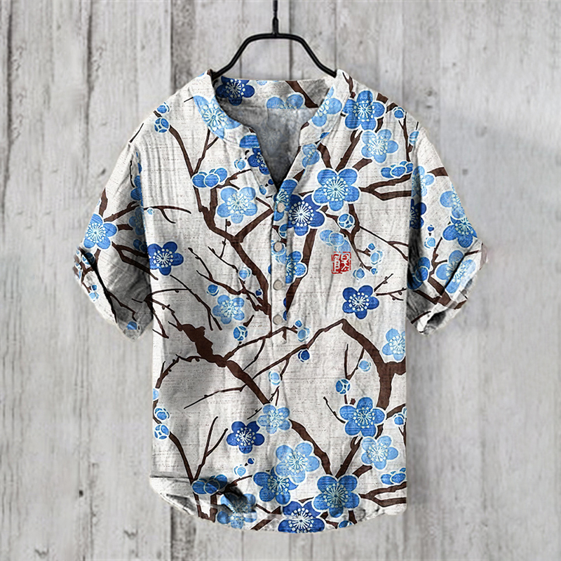 menweary Japanese Cherry Blossom Art Linen Blend Shirt