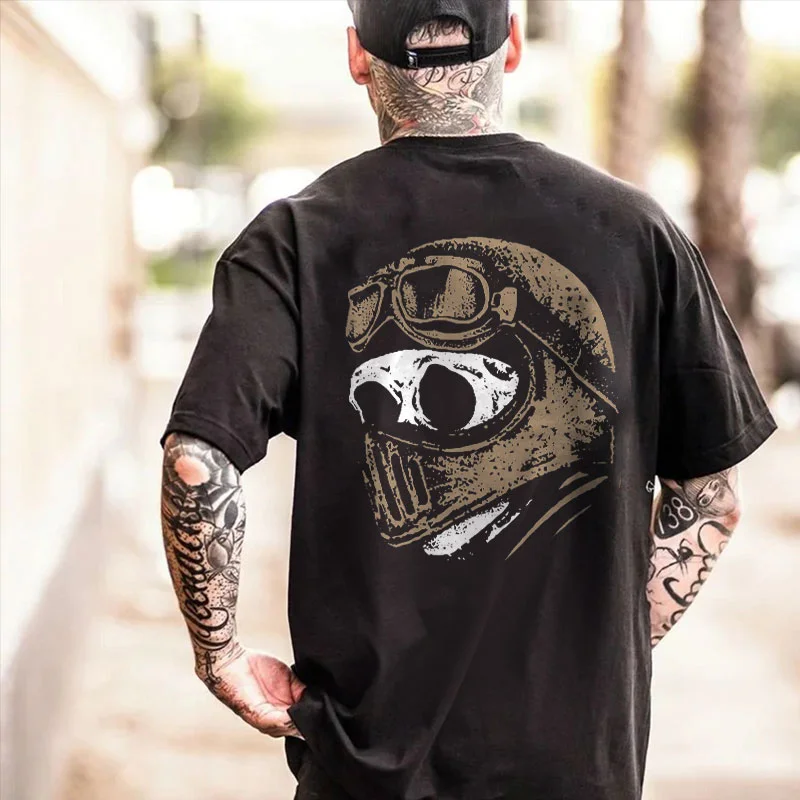 NIGHT RIDER Skull with Helmet Graphic Black Print T-shirt
