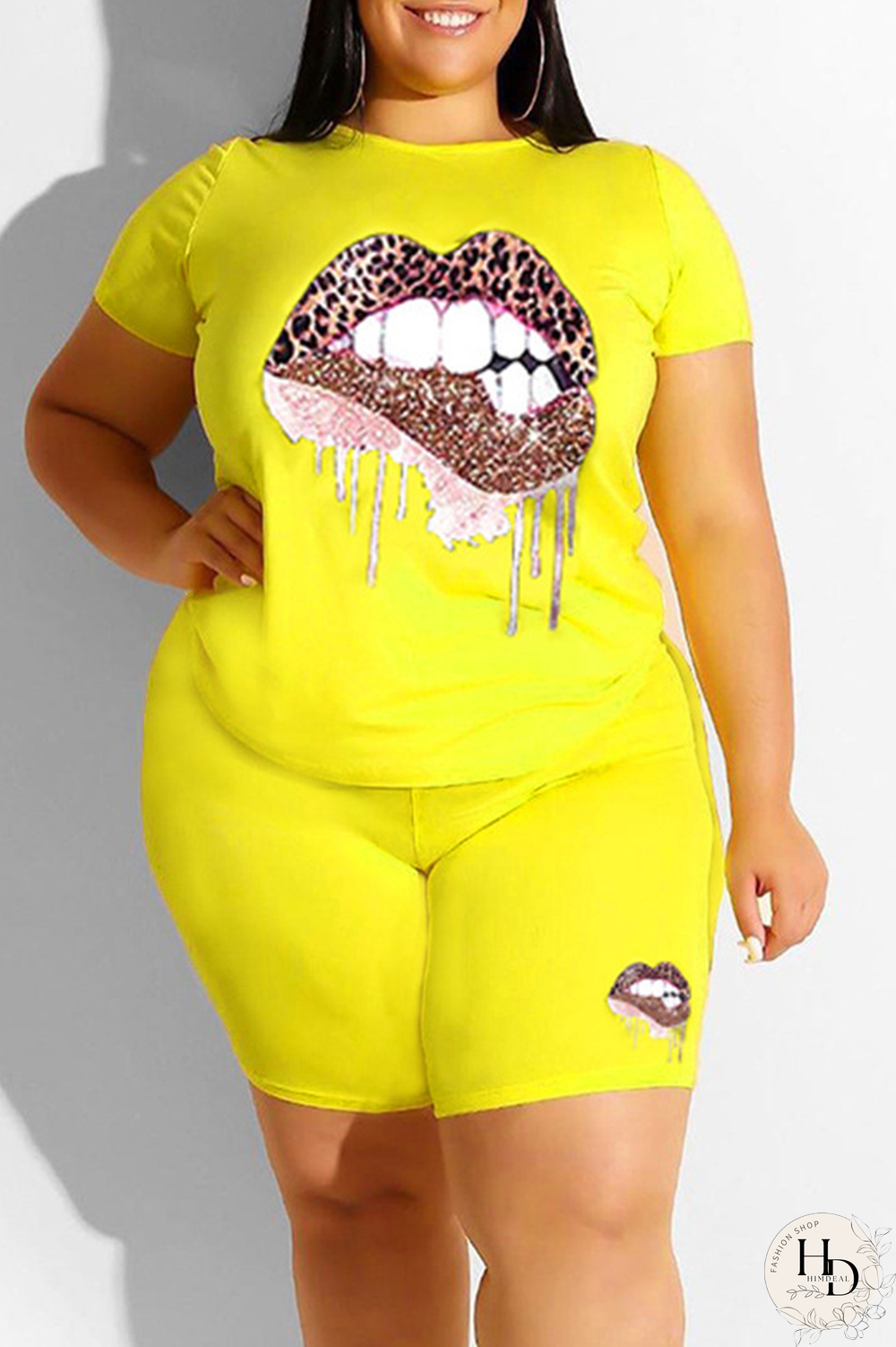 Yellow Casual Print Split Joint O Neck Short Sleeve Two Pieces