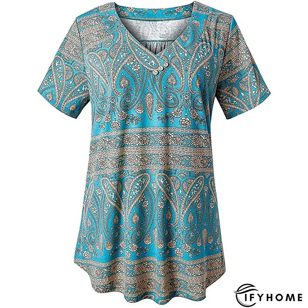 Women's Shirt Blouse Denim Blue Black White Leopard Floral Print Short Sleeve Casual Holiday Basic V Neck Regular Floral Plus Size M | IFYHOME