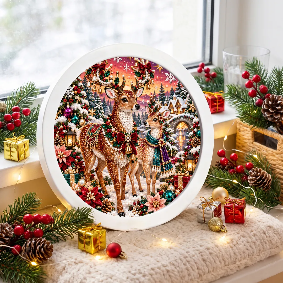 Framed 5D Diamond Painting Kit Holiday Deer Round 7.87x7.87in