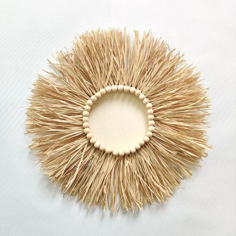 INS Nordic Round Woven Raffith Straw Mirror Moroccan Wood Beads Hanging Makeup Mirrors Wall Ornaments Homestay Home Decor Crafts