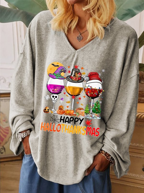 Women's Happy Hallothanksmas Wine Print V-Neck Long Sleeve T-Shirt