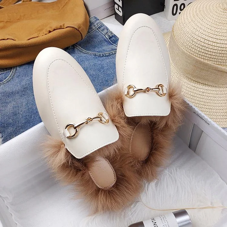 Furry Outer Wearing slippers for women Muller slippers Wild Fluffy Flat Mules Warm QueenFunky