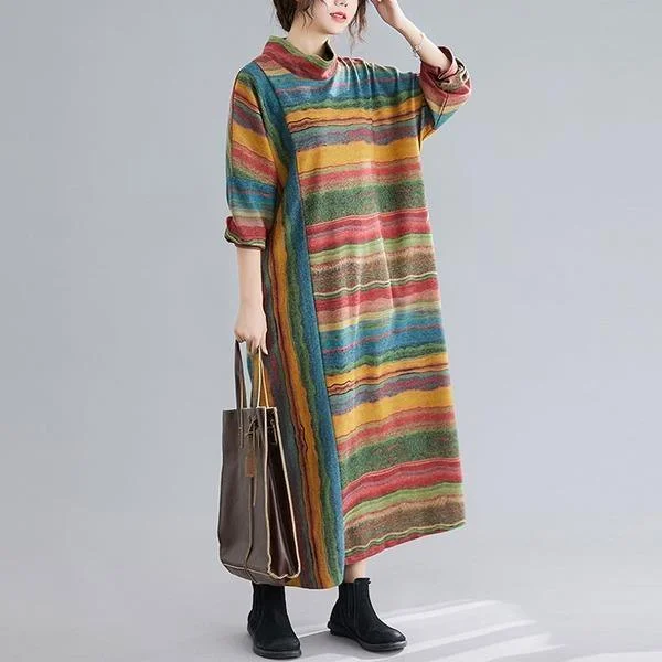 New 2020 Autumn Korean Vintage Style Turtleneck Striped Female Cotton Long Dresses
