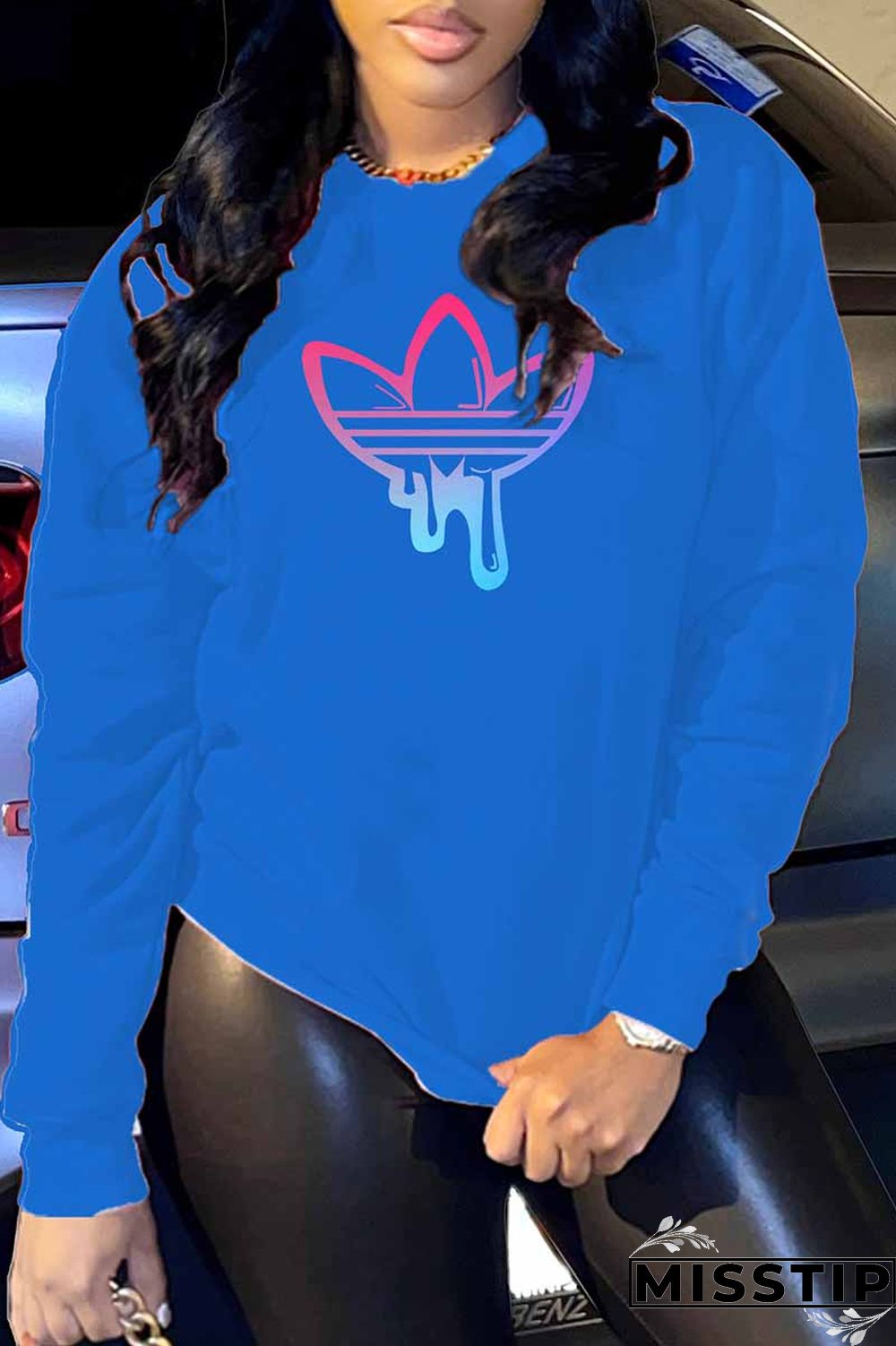 Black Casual Print Patchwork O Neck Tops