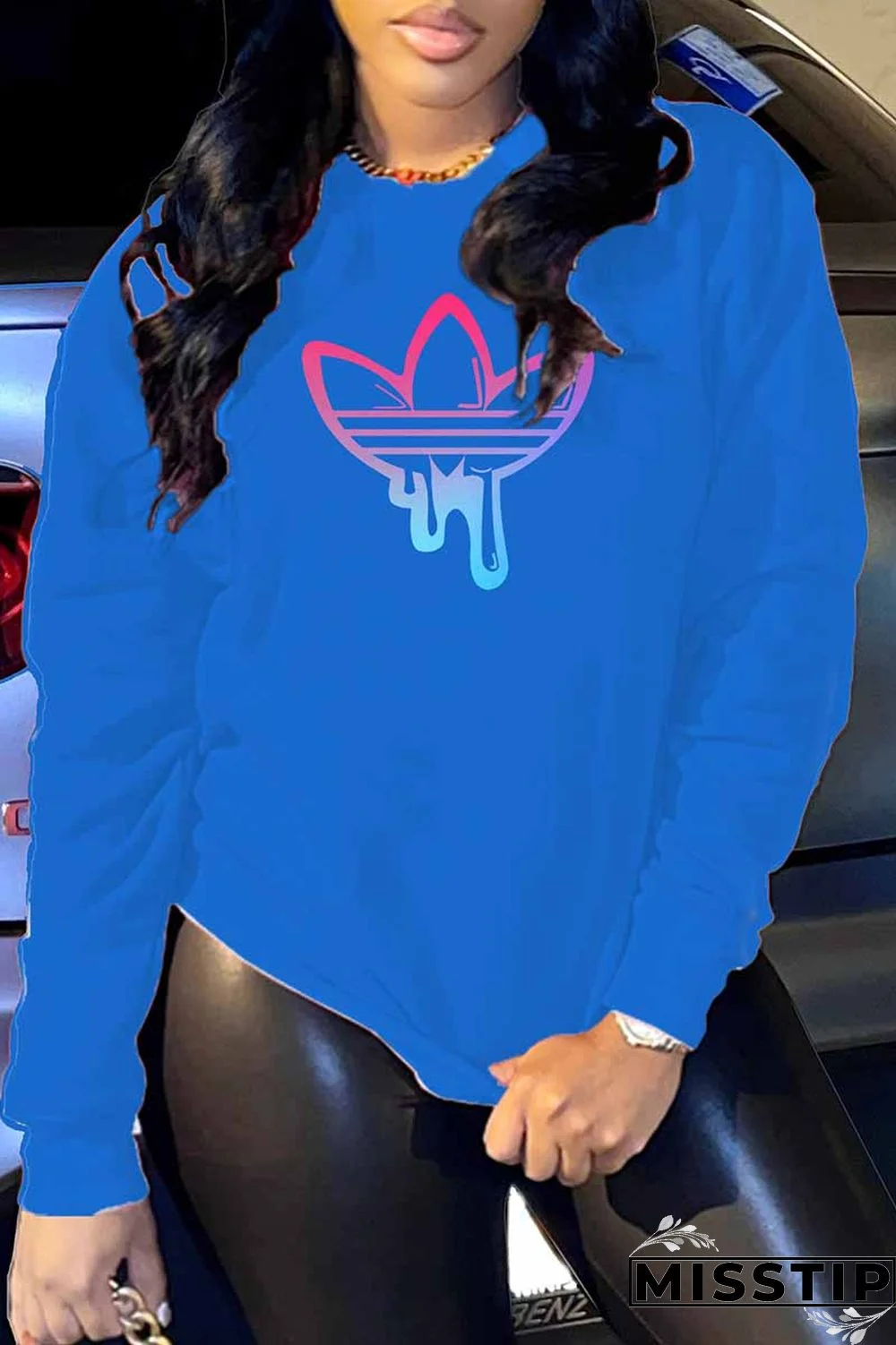 Black Casual Print Patchwork O Neck Tops