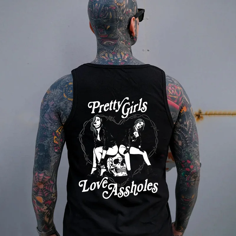 PRETTY GIRLS LOVE ASSHOLES Sexy Lady Skull Black Print Vest