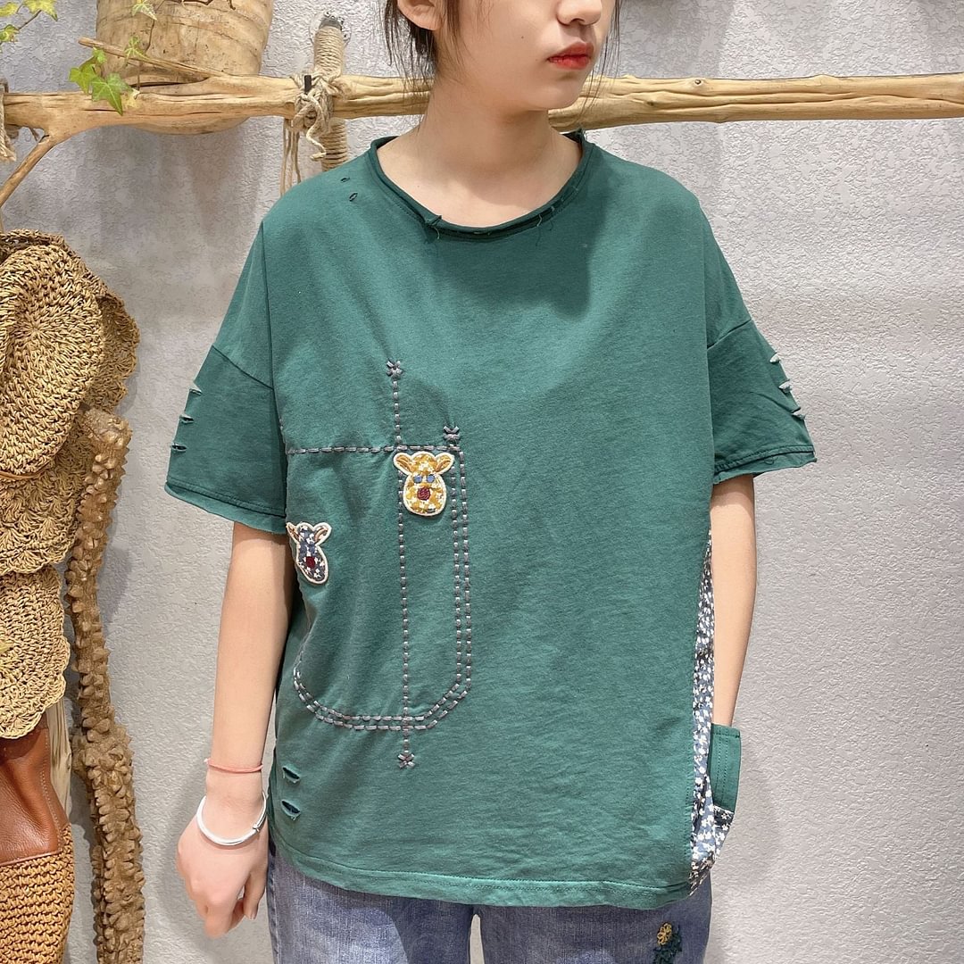Summer Artistic Retro Embroidery Patch Cotton T Loose-fitting Casual Round-neck Pullover Short Sleeve T-shirt Top Dresses