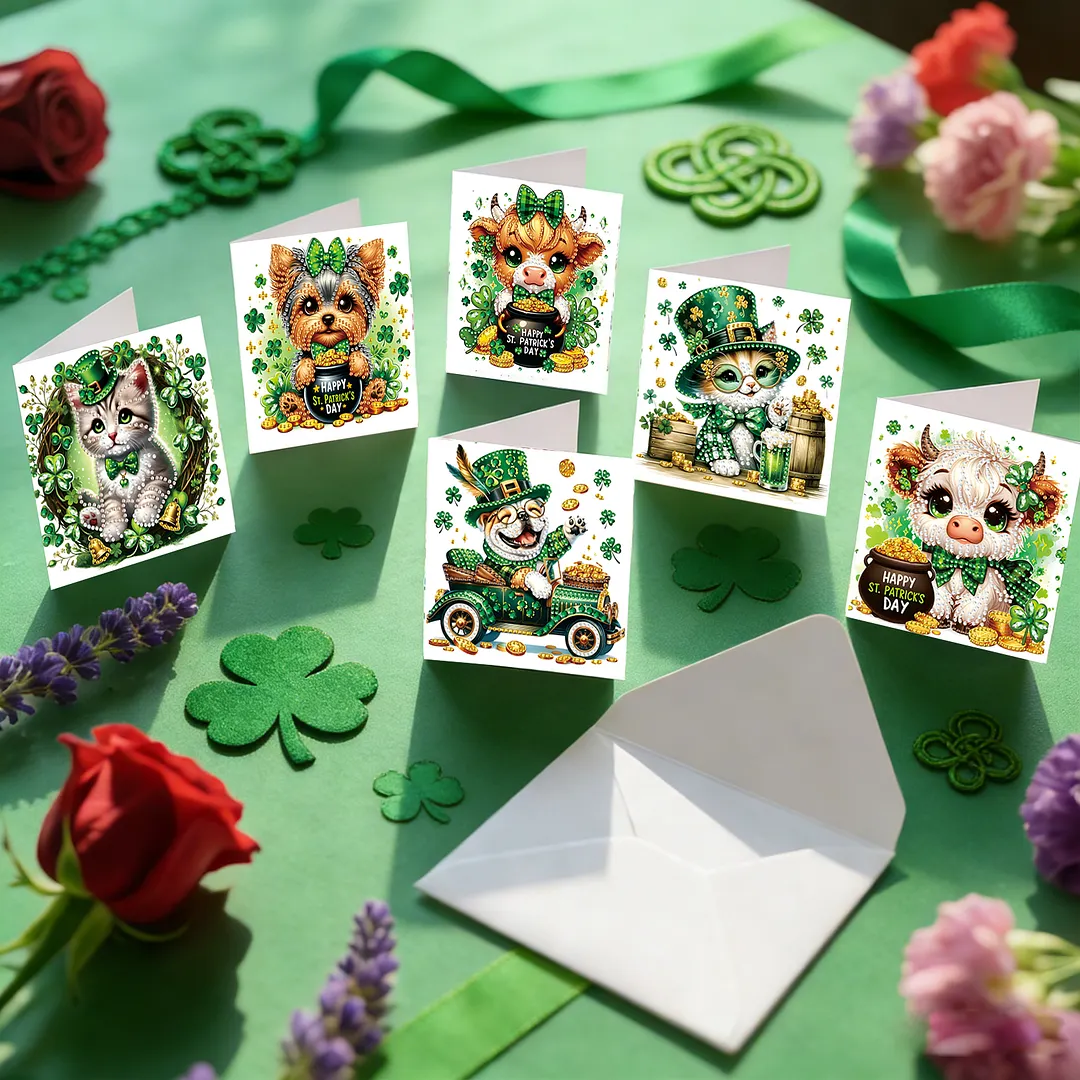 6Pcs St.Patrick Day Animals DIY Diamond Painting Greeting Card Set with Envelopes Diamond Art Handmade Cards for Beginner Adult Holiday Gifts