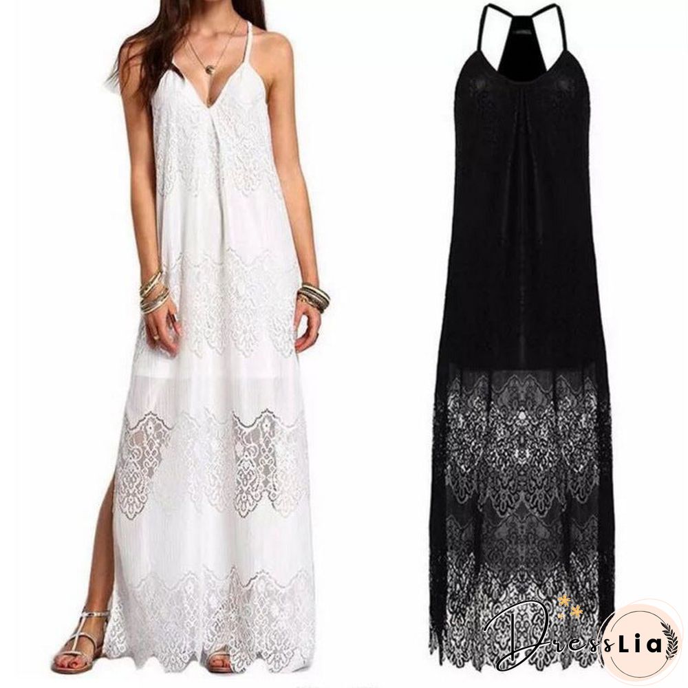 Vacation Spaghetti Strap Mesh Lace Side Split Maxi Beach Dresses Cover Ups