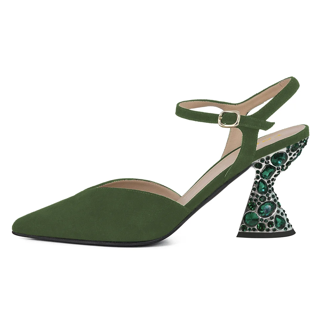 Green Faux Suede Pointed Toe Rhinestone Embellished Heel Strappy Pumps