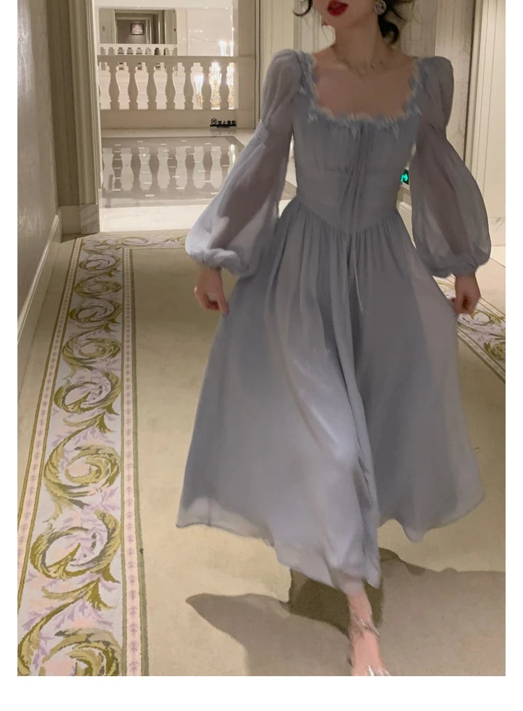 Aiertu Women Casual Print Elegant Square Collar Midi Dress Vintage Female Long Sleeve Lace Holiday Beach Dress Slim Evening Party Dress Aiertu