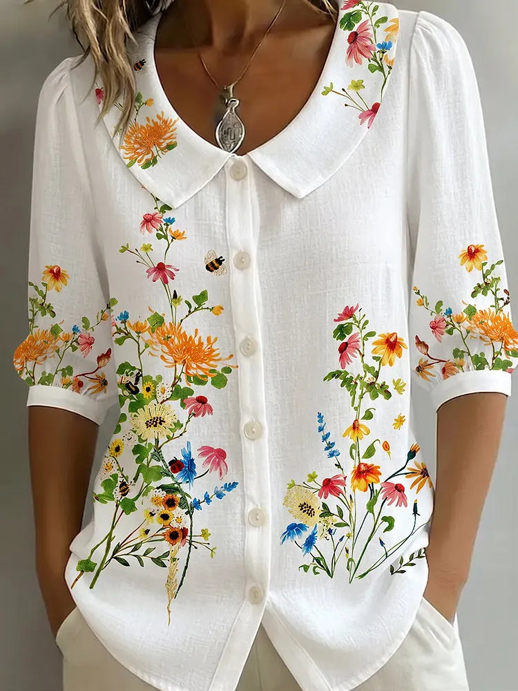 Artistic Color-block & Line-print Cotton-linen Shirt