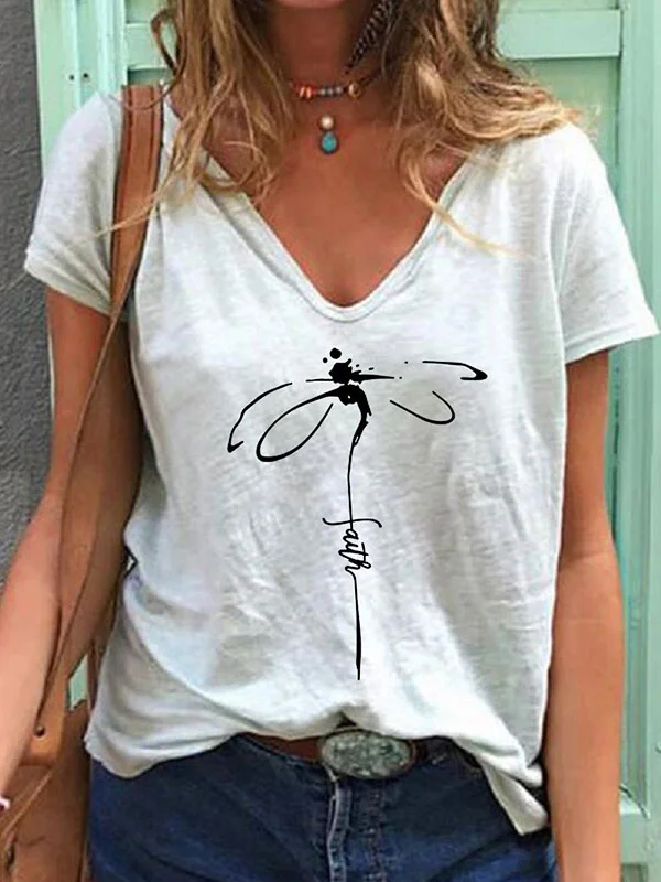 Dragonfly Print Comfortable Loose Ladies Short Sleeves