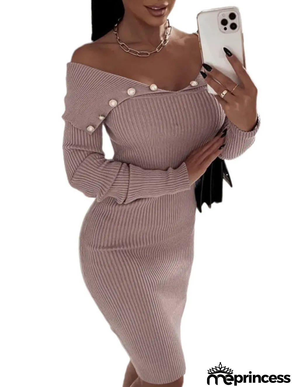 Winter Pink Knitting V-Neck Open Shoulder Sexy Club Dress
