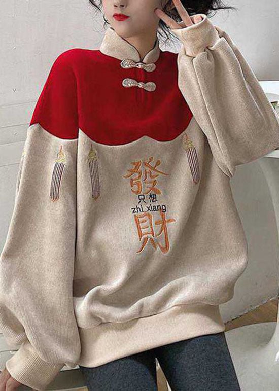DIY Colorblock Embroideried Patchwork Warm Fleece Sweatshirts Top spring CK1245- Fabulory