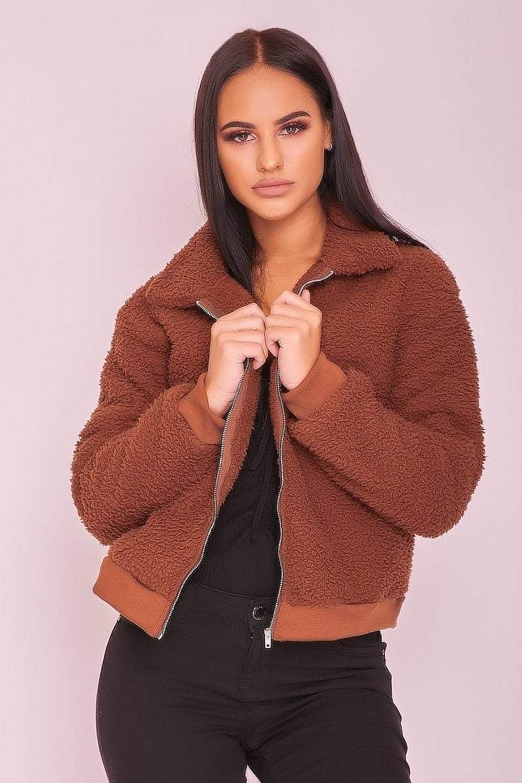 Brown Zip Up Cuffed Teddy Jacket Katch Me