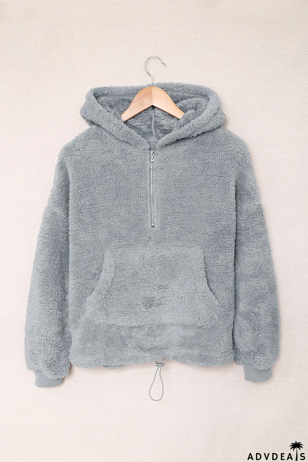 Gray 1/4 Zip Hooded Sherpa Sweatshirt with Kangaroo