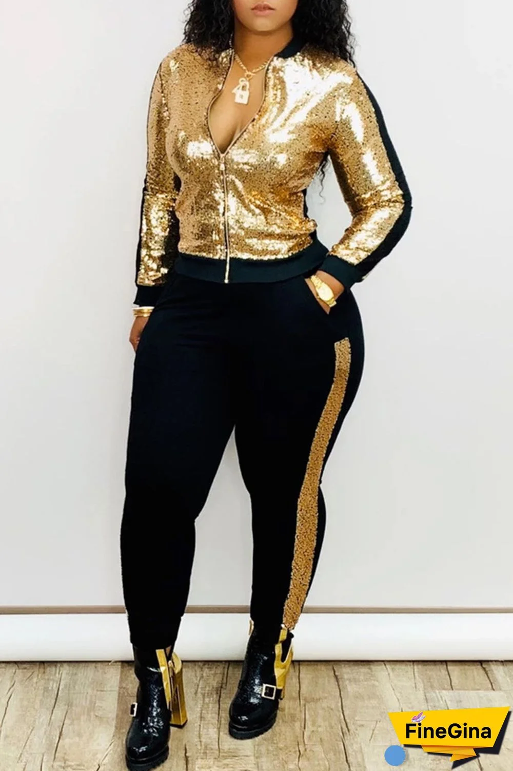 Gold Fashion Casual Patchwork Sequins Zipper Collar Long Sleeve Two Pieces