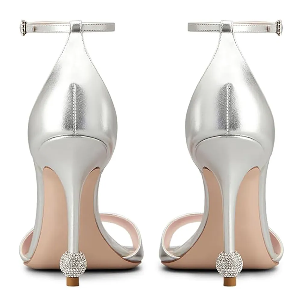 Silver Open Square Toe Rhinestone Ankle Strap High Heels Sandals