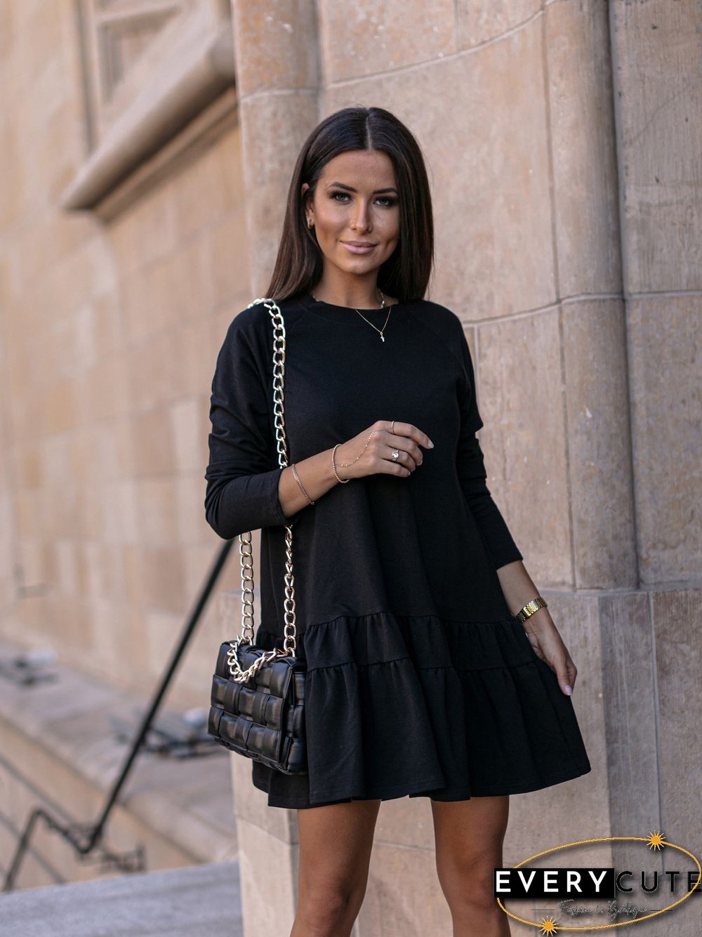 Long Sleeve Loose Round Neck Ruffled Dress At Home